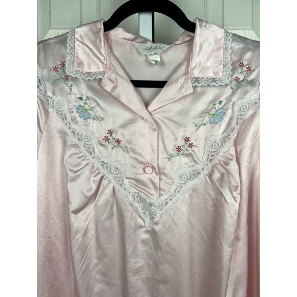 80s Pink Satin Lace Embroiderd Cotton Lined Night Sleep Shirt Large Jodie Arden - Picture 3 of 9